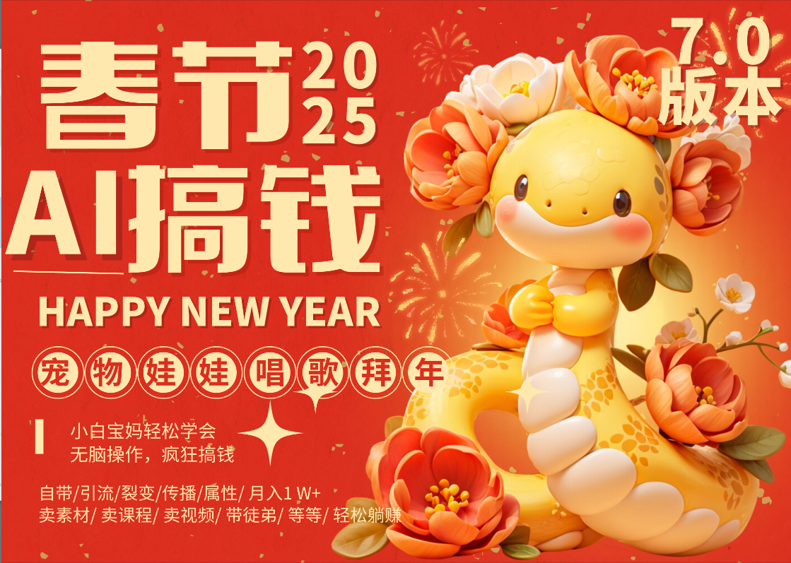 AI春节搞钱7.0升级版 蝴蝶号超火爆萌宠唱歌拜年  AI一键制作 批量出内容   春节做轻松躺赚 每日轻松十分钟  月赚米1W+  抓紧冲！可做视频 可卖素材只带小白和宝妈！-码豆资源站
