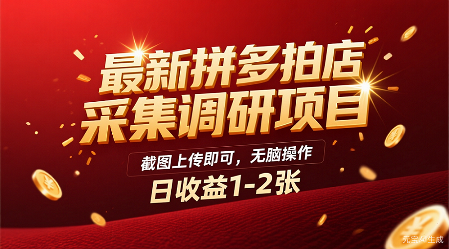 最新拼多多拍店采集调研项目，截图上传即可，无脑操作，日收益1-2张-码豆资源站