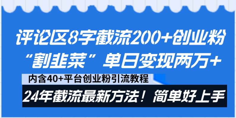 评论区8字截流200+创业粉“割韭菜”单日变现两万+24年截流最新方法！-码豆资源站