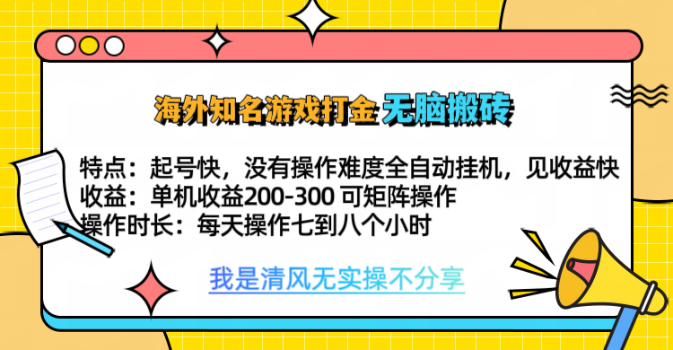 知名游戏打金，无脑搬砖单机收益200-300+  即做！即赚！当天见收益！-码豆资源站