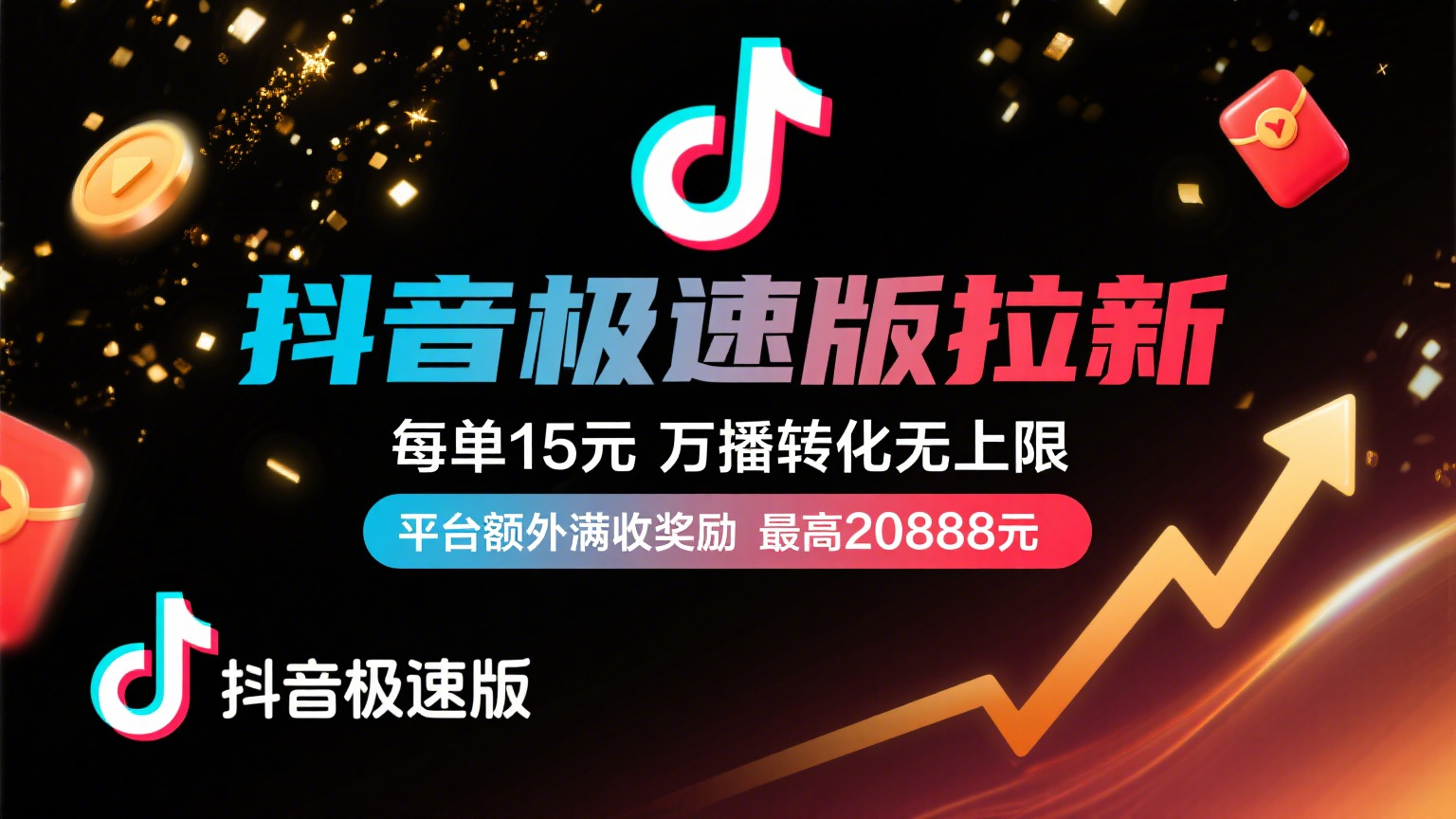 抖音极速版放福利，每单15元，万播转化无上限，平台额外满收奖励，最高可领20888元-码豆资源站