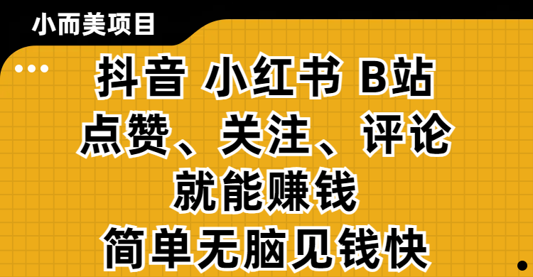 小而美的项目,抖音、小红书、B站视频点赞、关注、评论就能赚钱,简单无脑立见收益!妥妥的零撸项目-码豆资源站