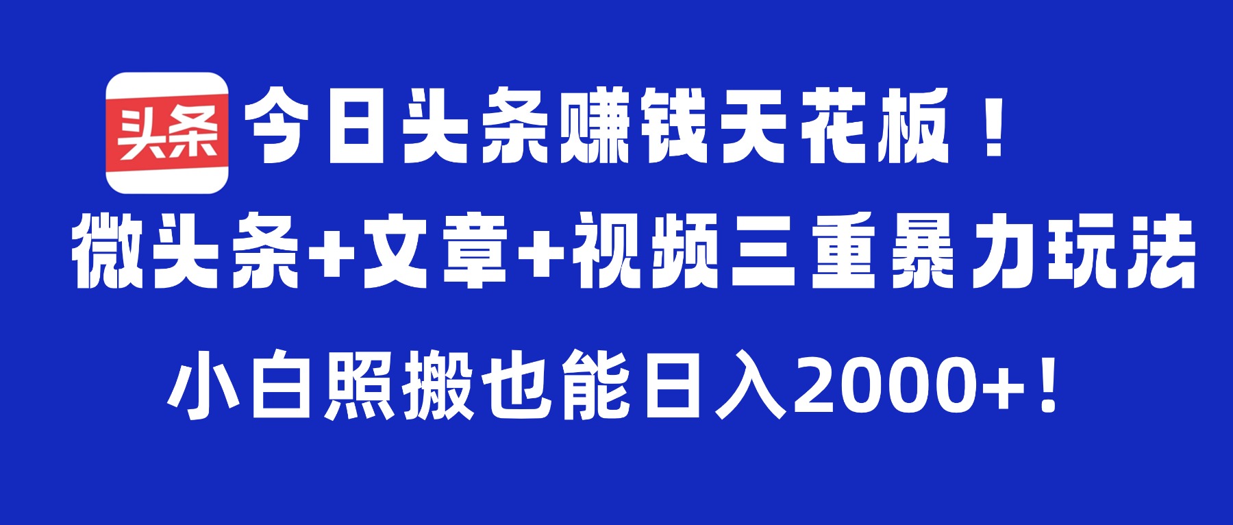 今日头条赚钱天花板！微头条+文章+视频三重暴力玩法，小白照搬也能日入2000+-码豆资源站