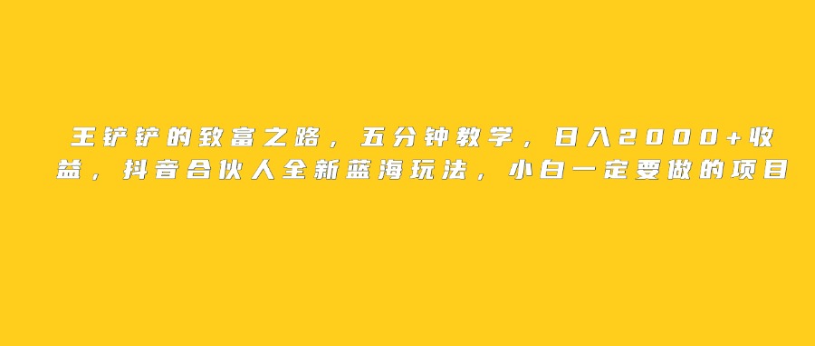 王铲铲的致富之路，日入2000+收益，五分钟教学，抖音合伙人全新蓝海玩法，小白一定要做的项目-码豆资源站