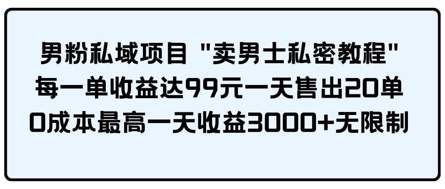男粉私域项目 卖男士私密教程 每一单收益达99元一天售出20单-码豆资源站