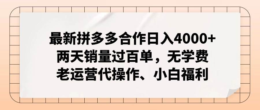 最新拼多多合作日入4000+两天销量过百单,无学费、老运营代操作、小白福利-码豆资源站
