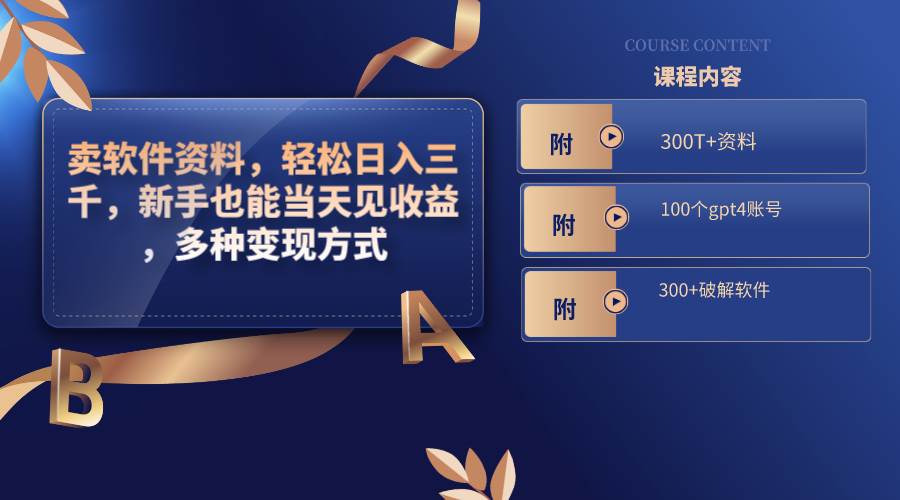 卖软件资料，轻松日入三千，新手也能当天见收益，多种变现方式，（附300T+资料，100个gpt4账号，300+破解软件）-码豆资源站