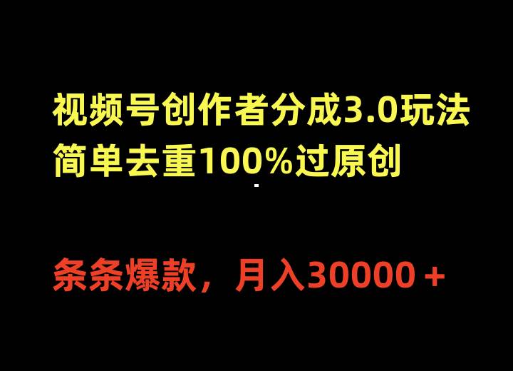视频号创作者分成3.0玩法，简单去重100%过原创，条条爆款，月入30000＋-码豆资源站